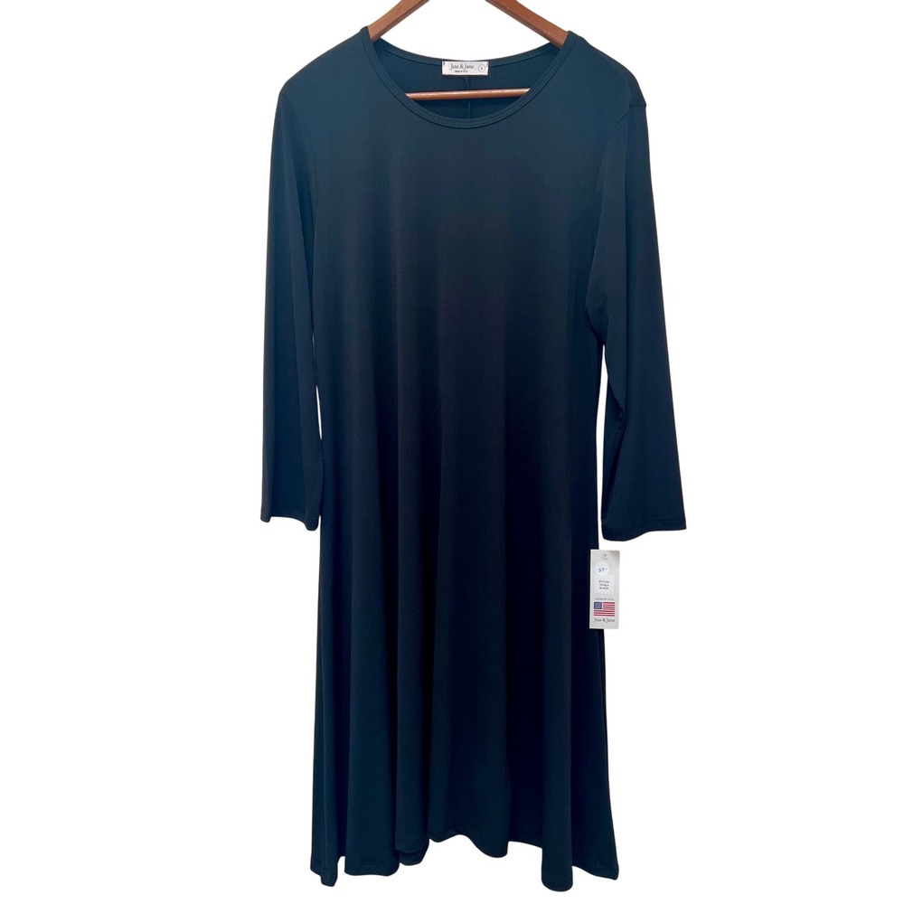 Jess & Jane Black Midi Dress Made in USA Size L 3/4‎ Sleeve Casual Vintage
